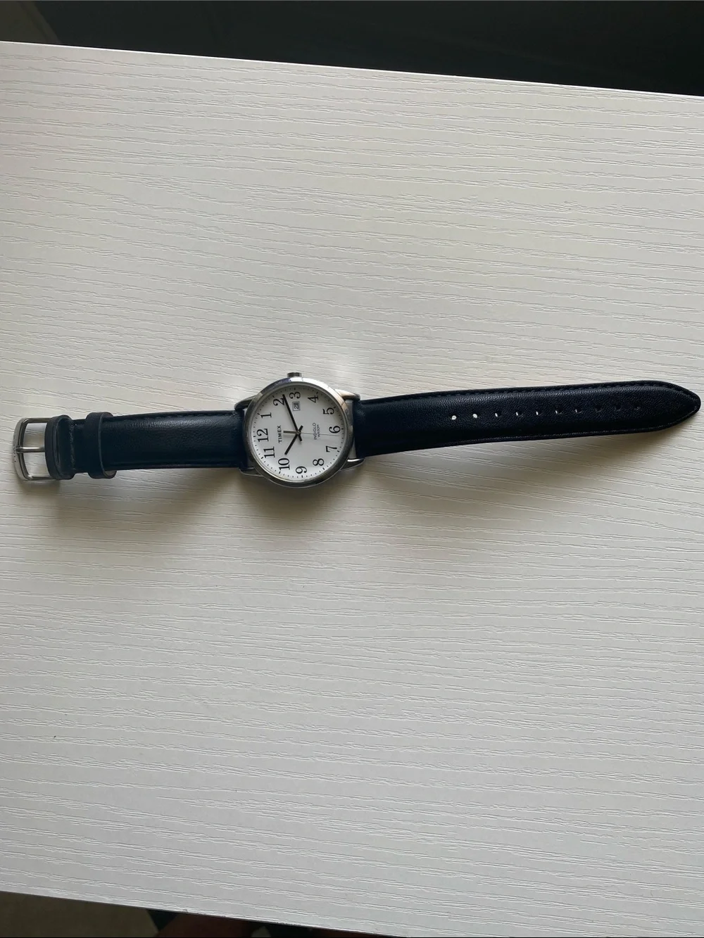 Timex Silver Case Watch with Black Leather Strap and White Dial